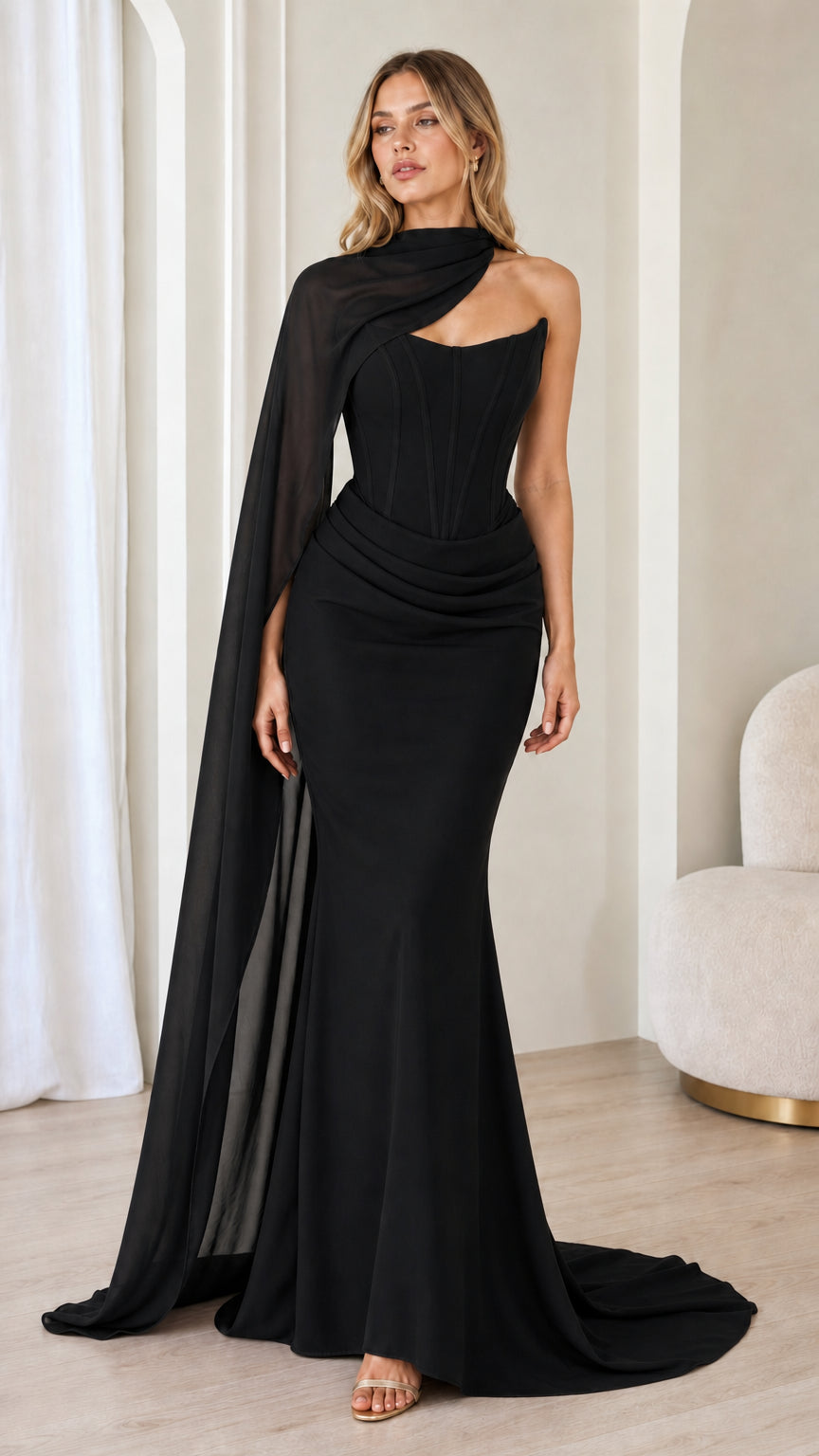 Black corset evening dress with long chiffon neck cape