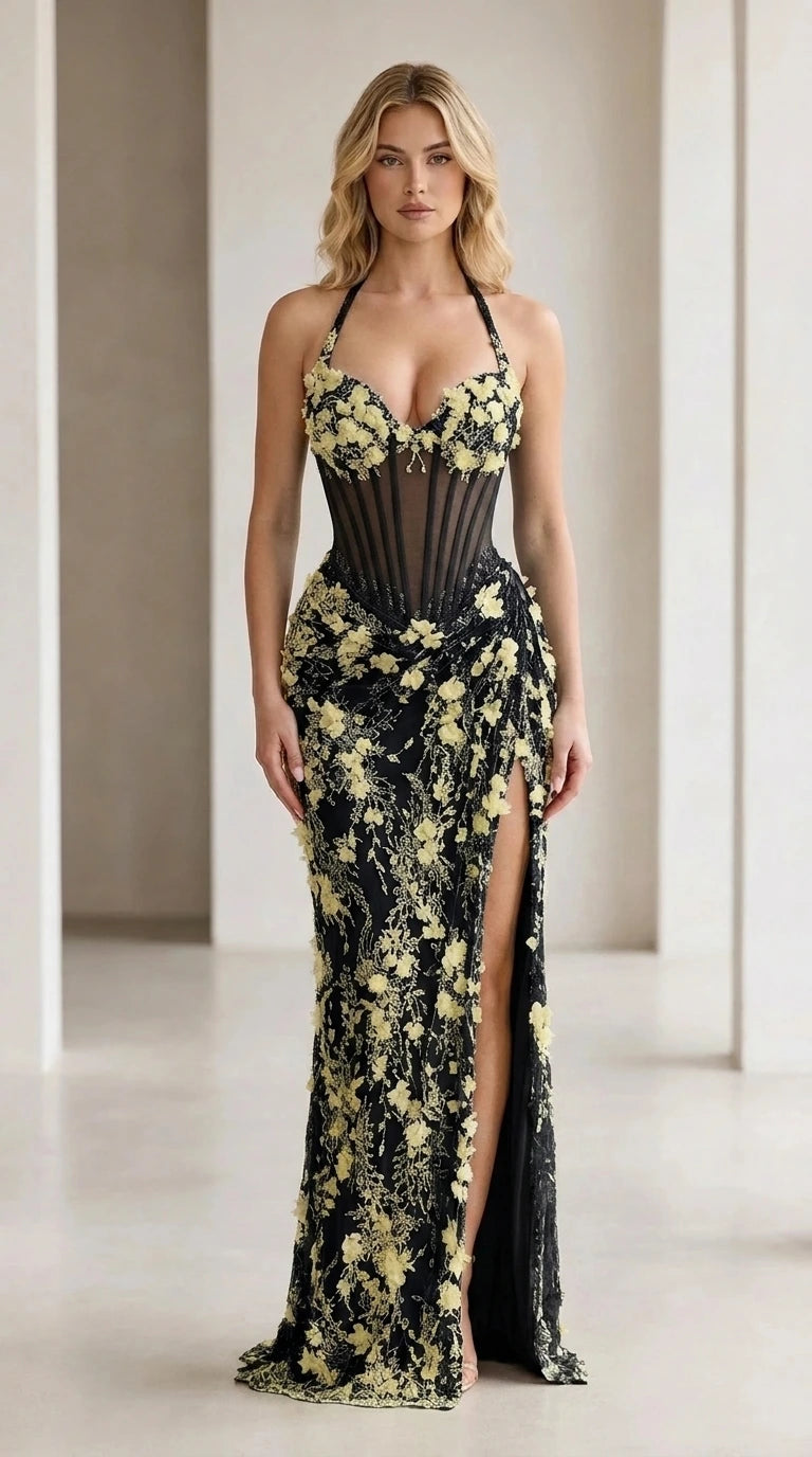 Black and yellow floral applique corset gown