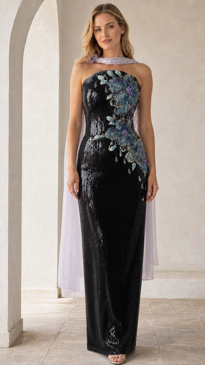Black version of the floral applique sequin evening gown