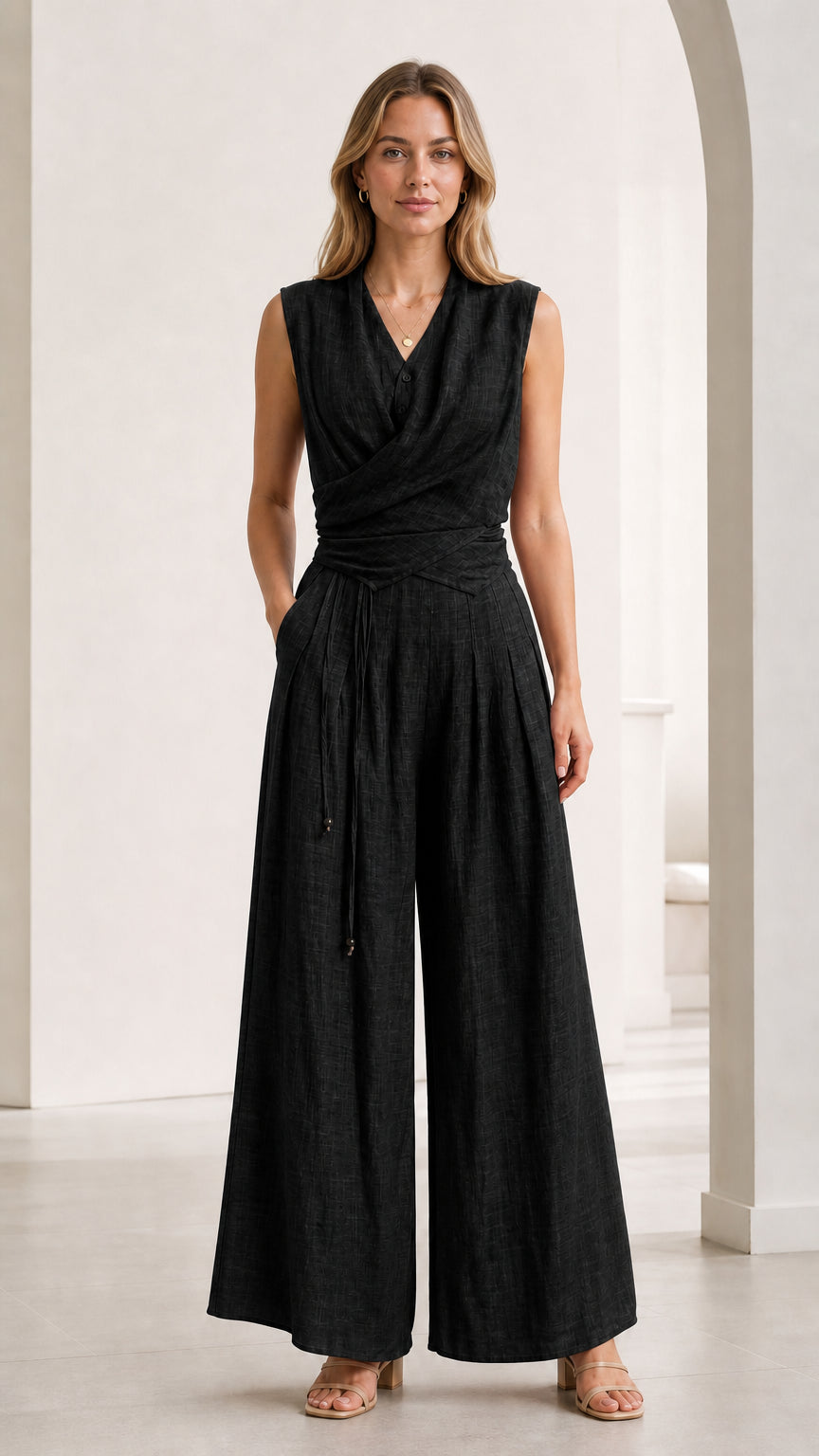 Front view of woman wearing Black sleeveless wrap front wide-leg jumpsuit