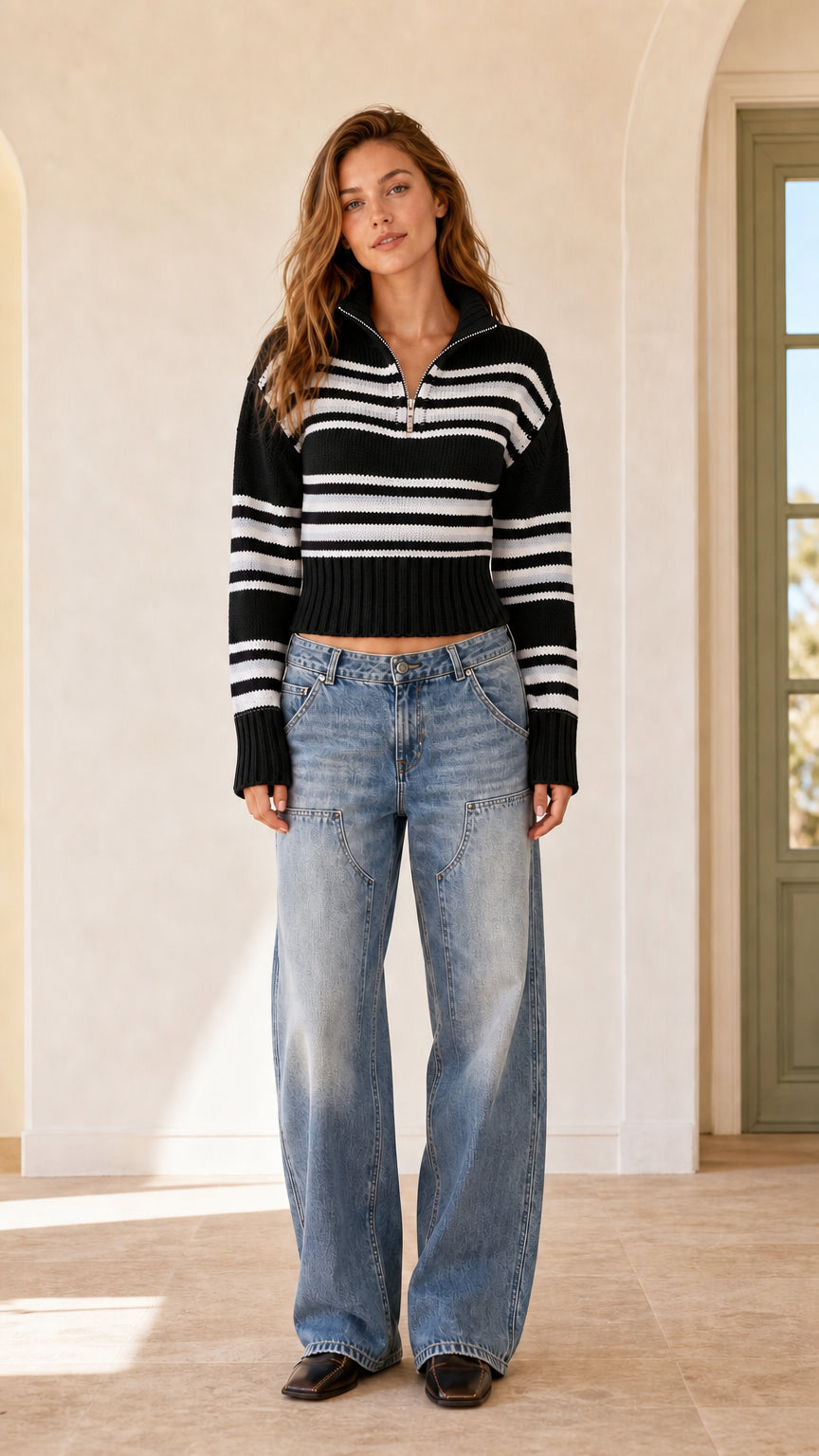 Full front view of black striped quarter-zip cropped knit sweater