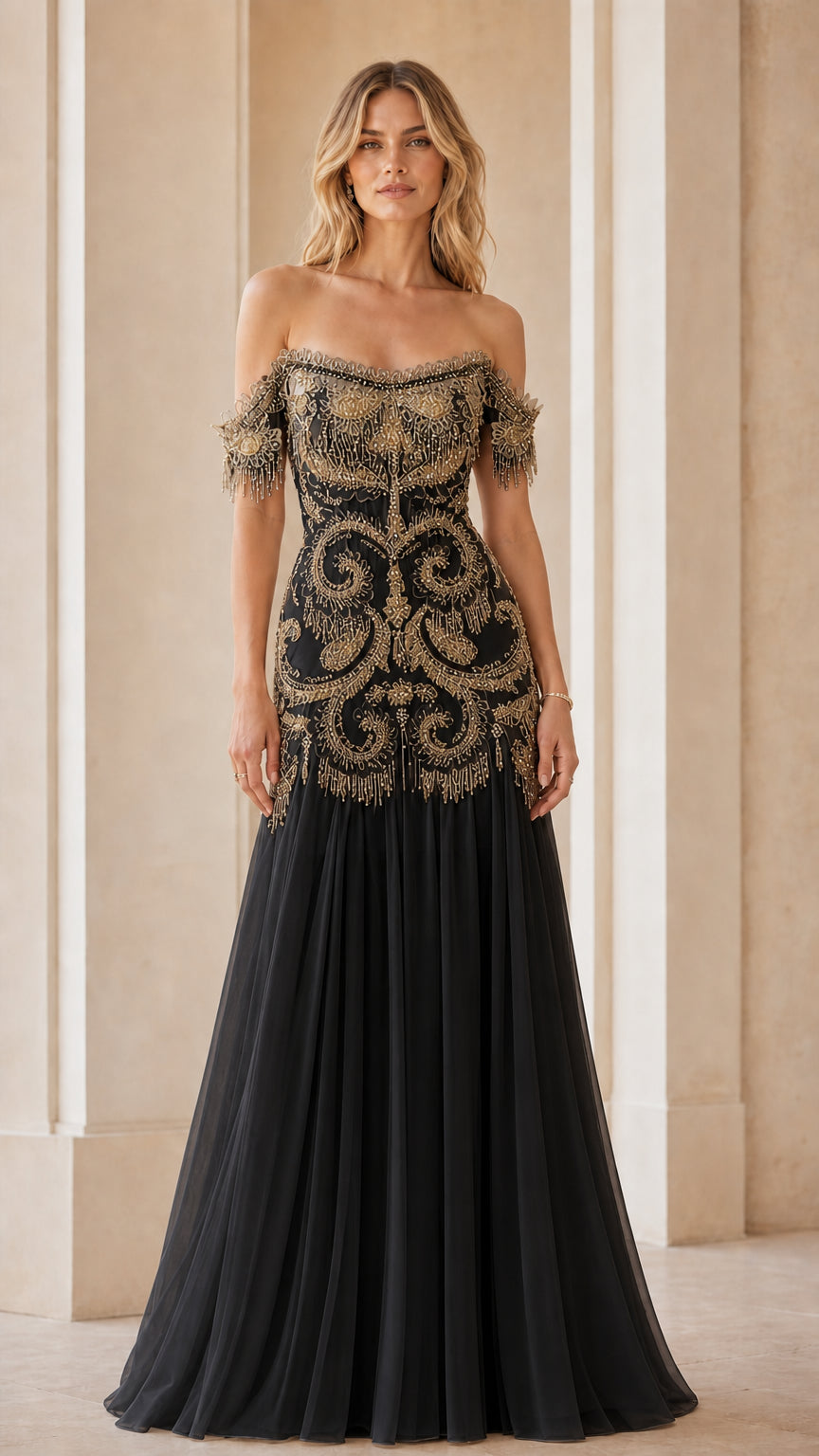 Front view of black evening gown with gold beading