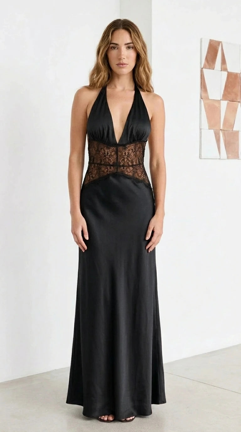 Front view of black satin halter maxi dress