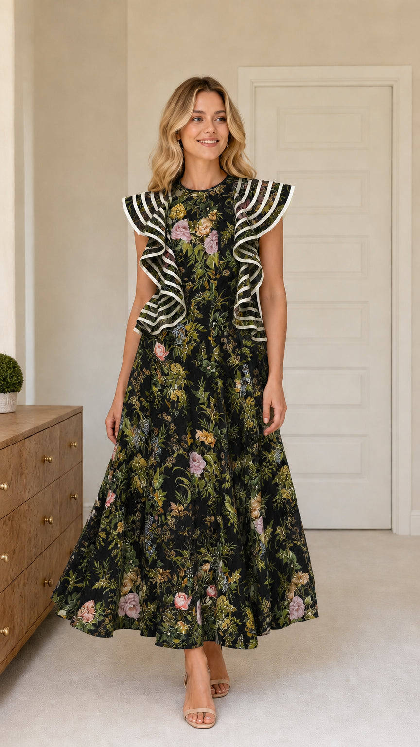 Model wearing black floral ruffle maxi dress