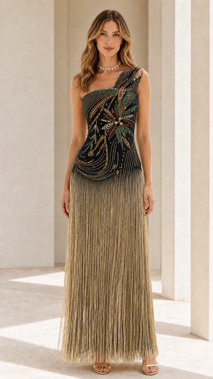 Front view of model wearing black and gold colorway evening dress