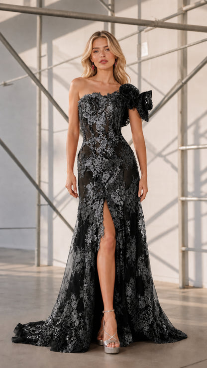 Front view of black one-shoulder formal dress