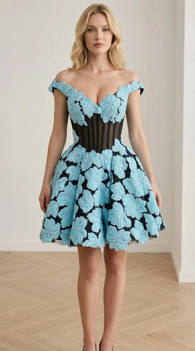 Front view of Black and Light Blue contrasting colorway mini dress