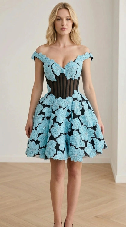 Front view of Black and Light Blue contrasting colorway mini dress