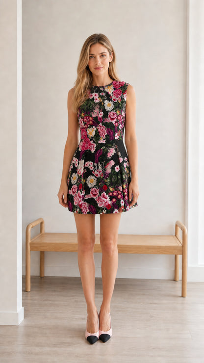Front view of model wearing black floral embroidered mini dress