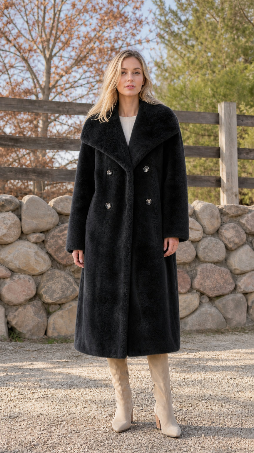 Woman wearing black faux fur long coat