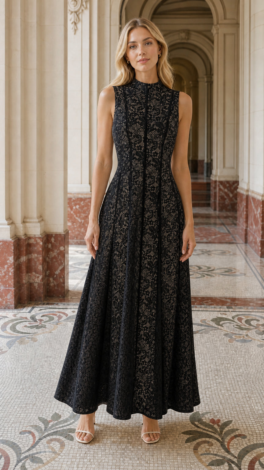 Full length view of woman wearing black lace maxi dress