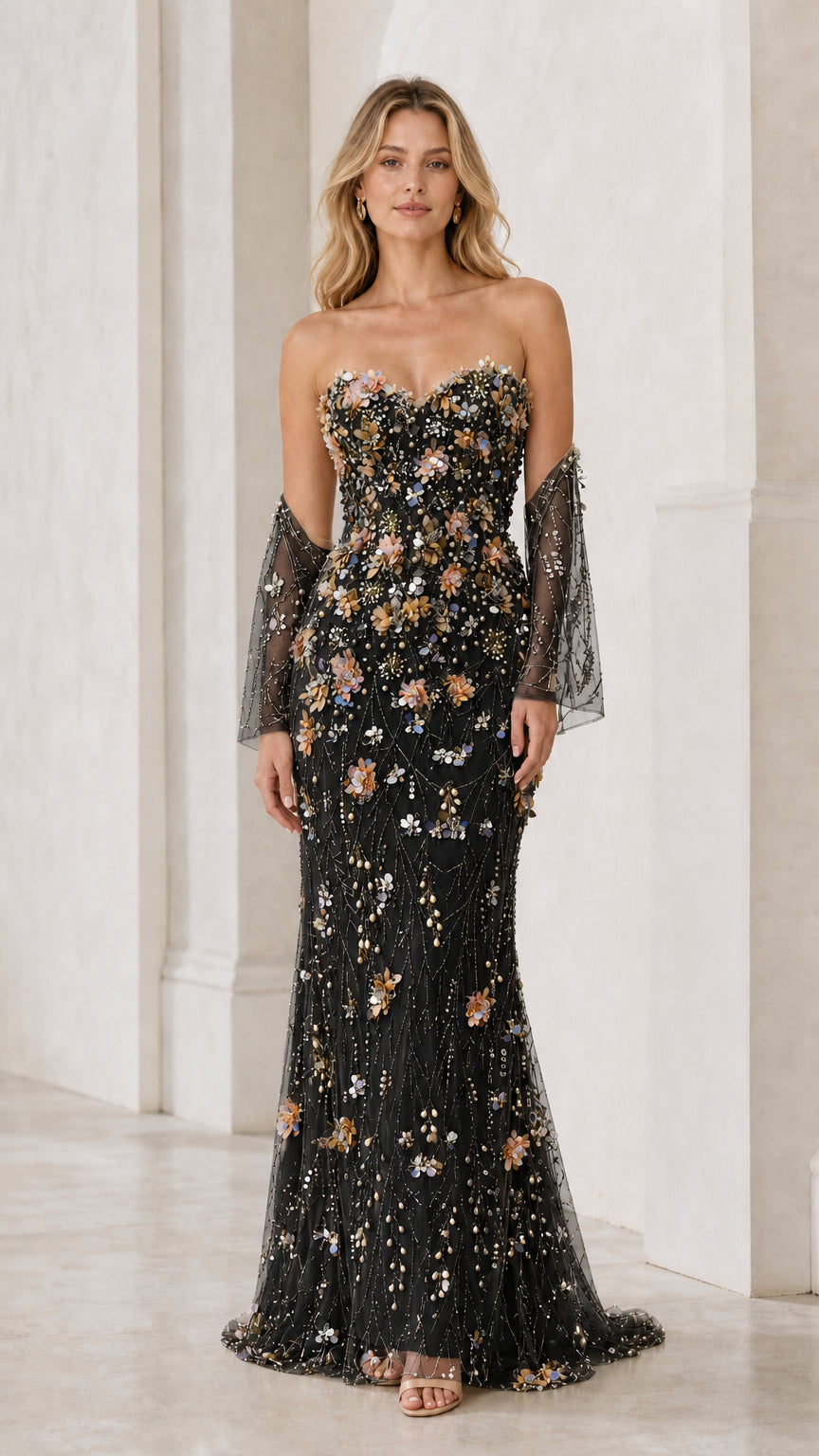 Front view of black evening dress with floral embellishments