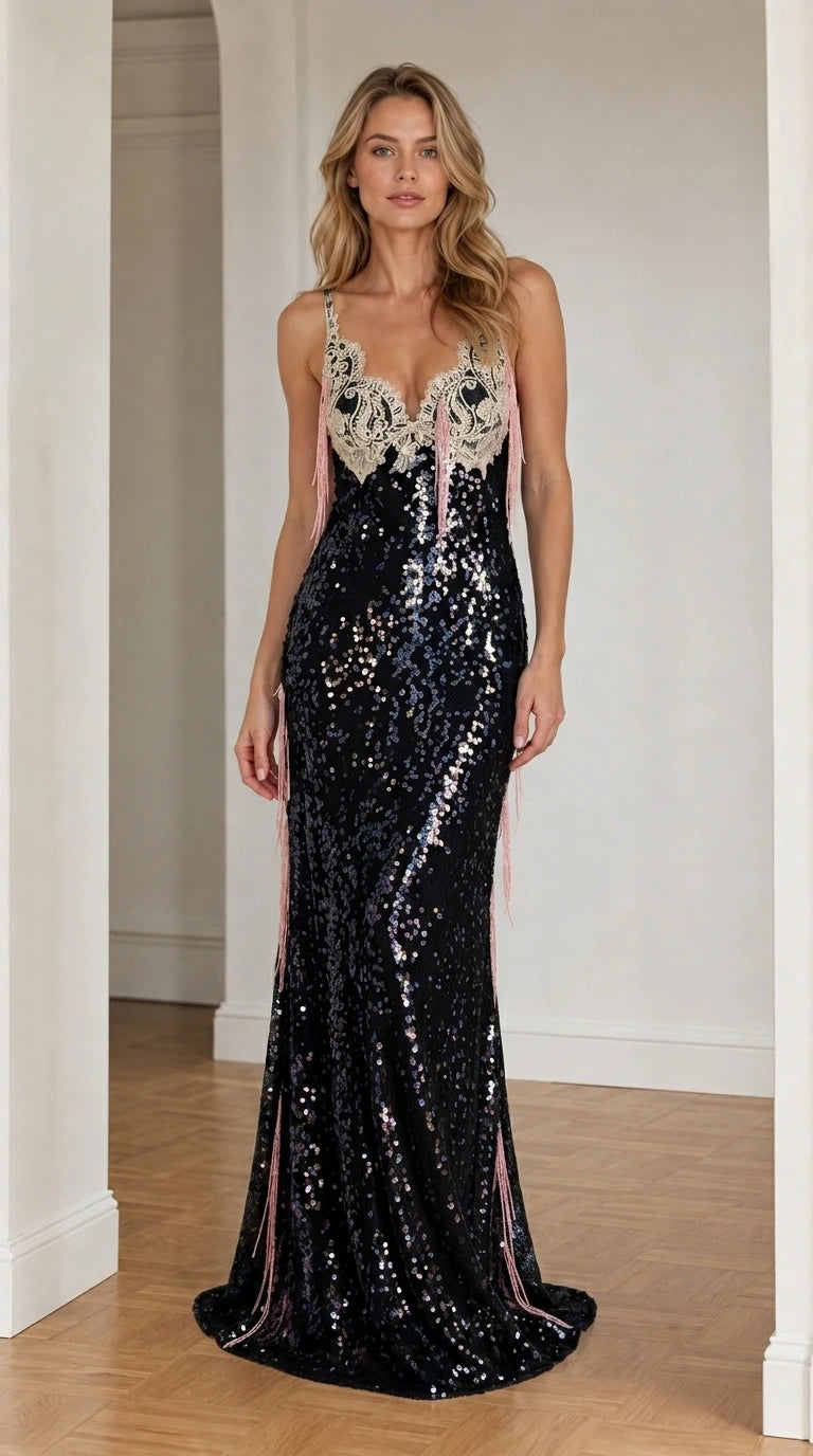 Front view of black sequin evening dress