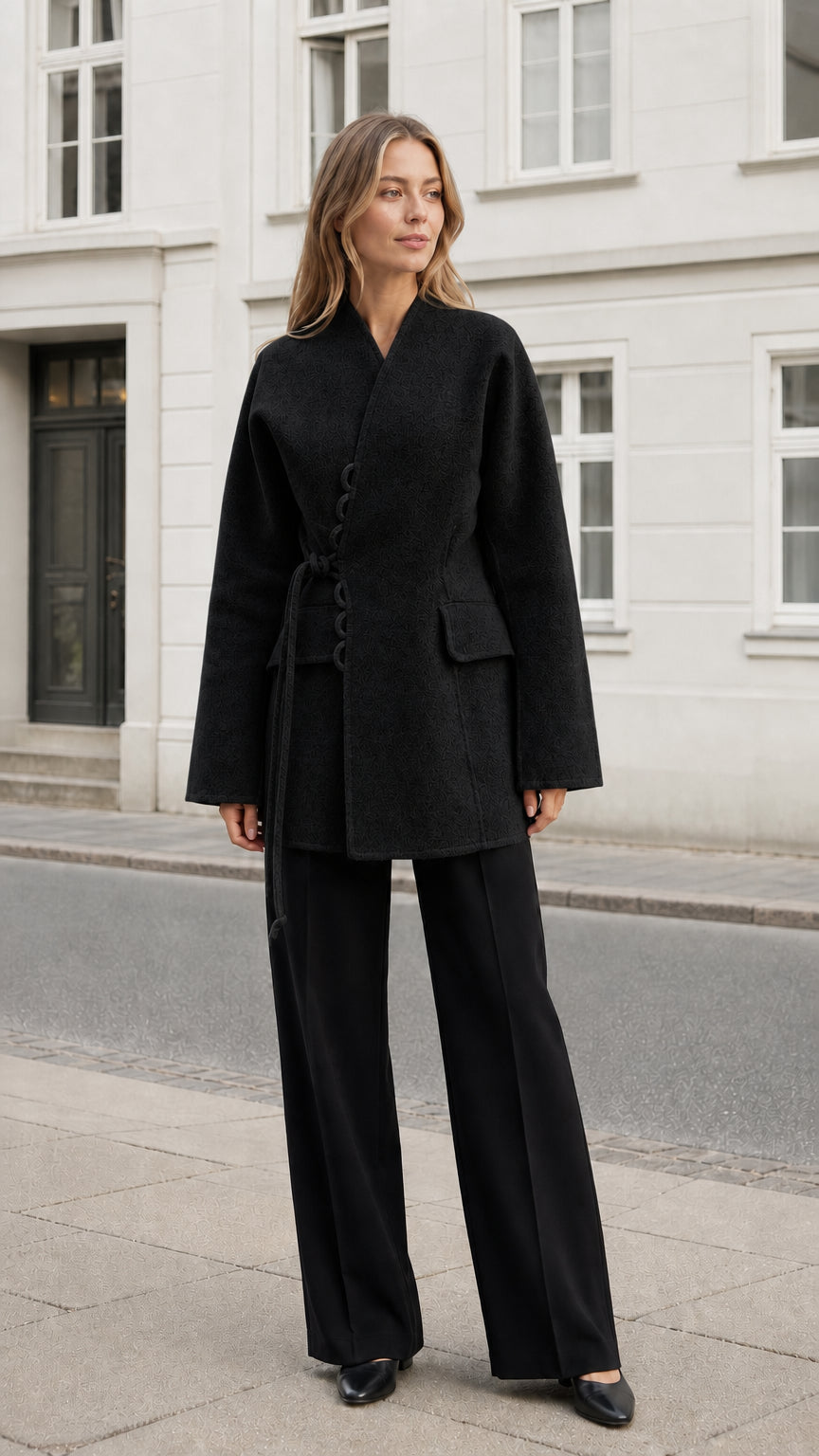 Front view of the women's black belted wrap coat styled with wide-leg trousers