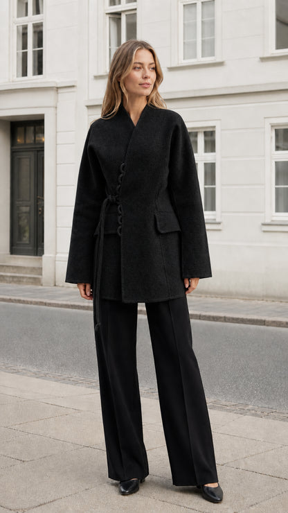 Front view of the women's black belted wrap coat styled with wide-leg trousers