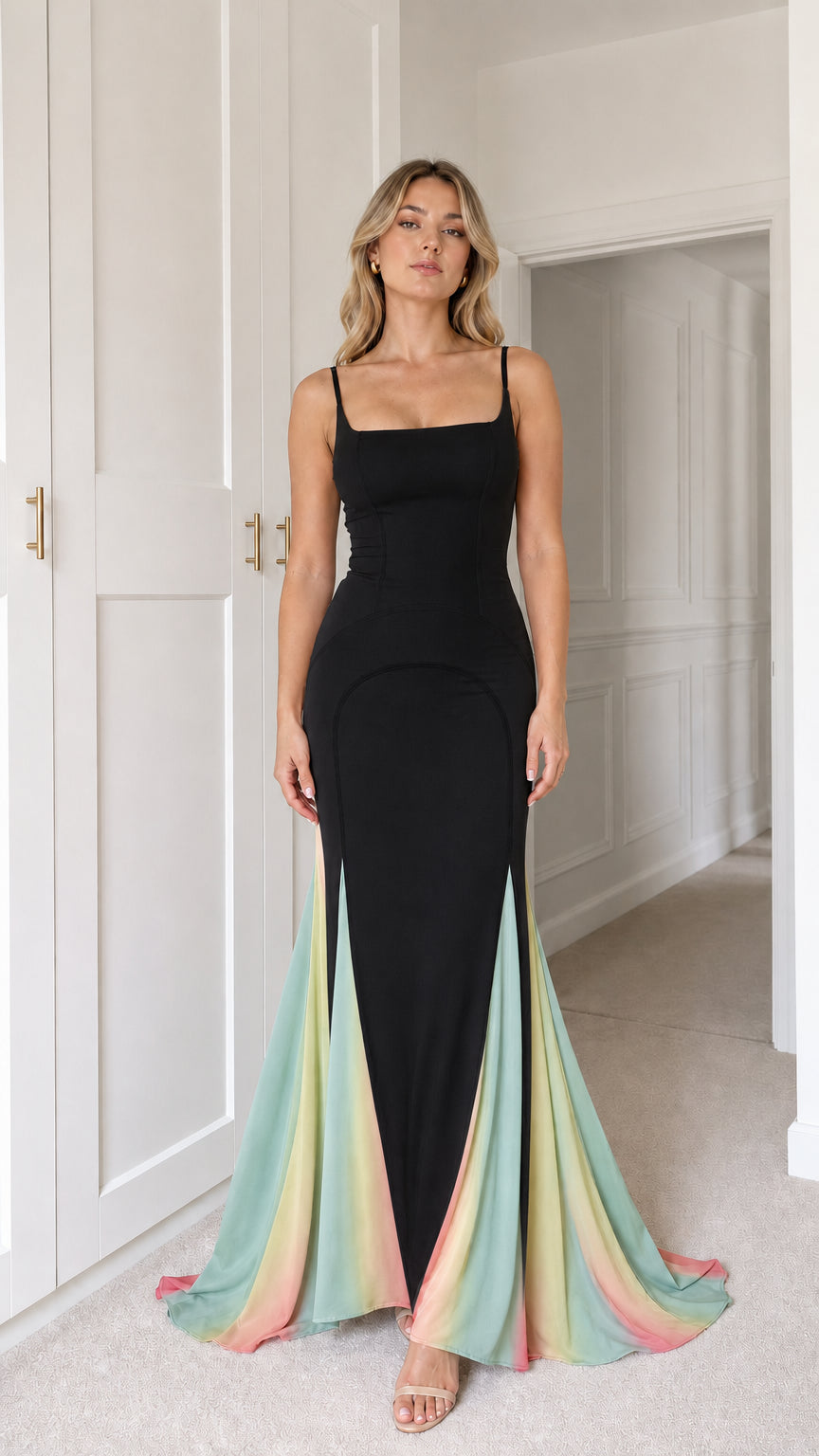 Front view of black mermaid maxi dress