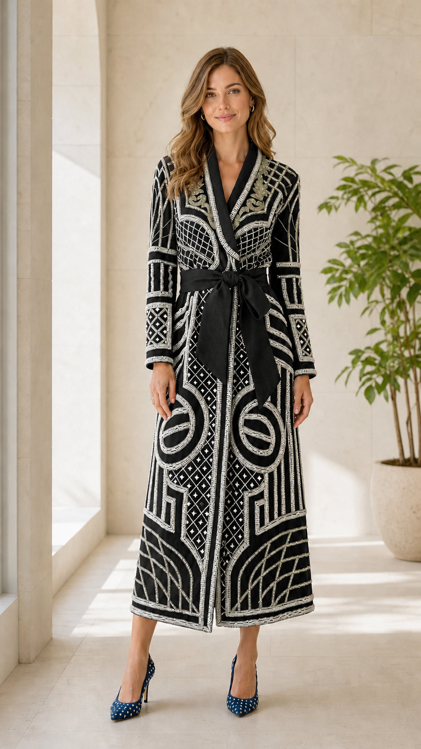 Front view of black geometric embroidered long coat