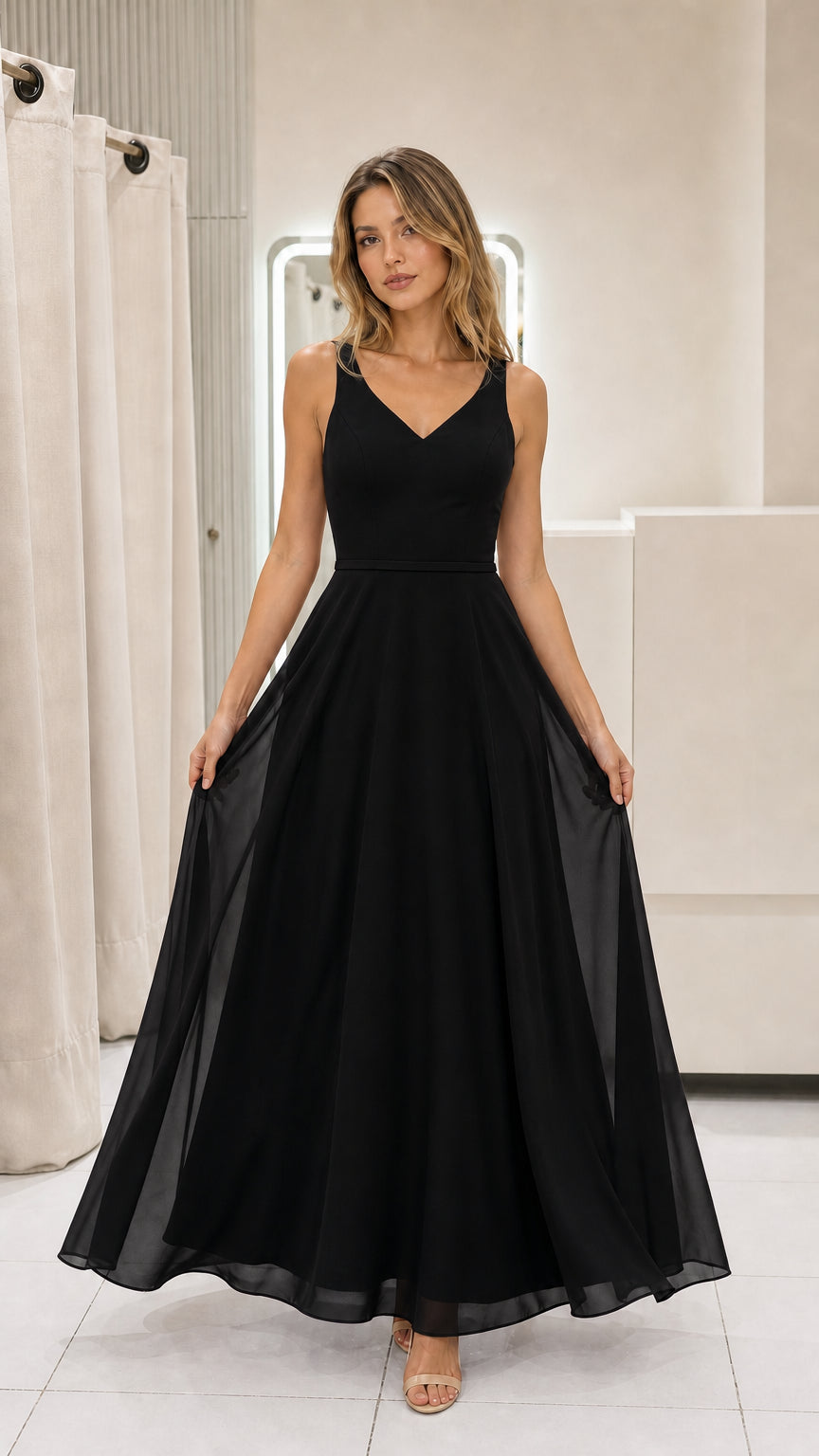 Model wearing black chiffon maxi dress