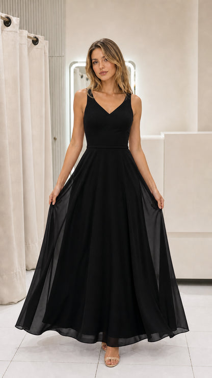Model wearing black chiffon maxi dress