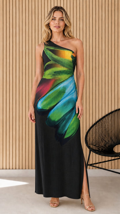Front view of one-shoulder maxi dress in black
