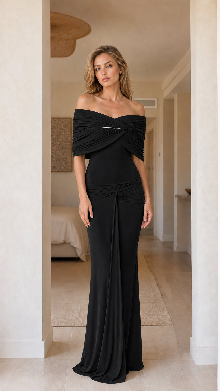 Front view of black evening gown variant