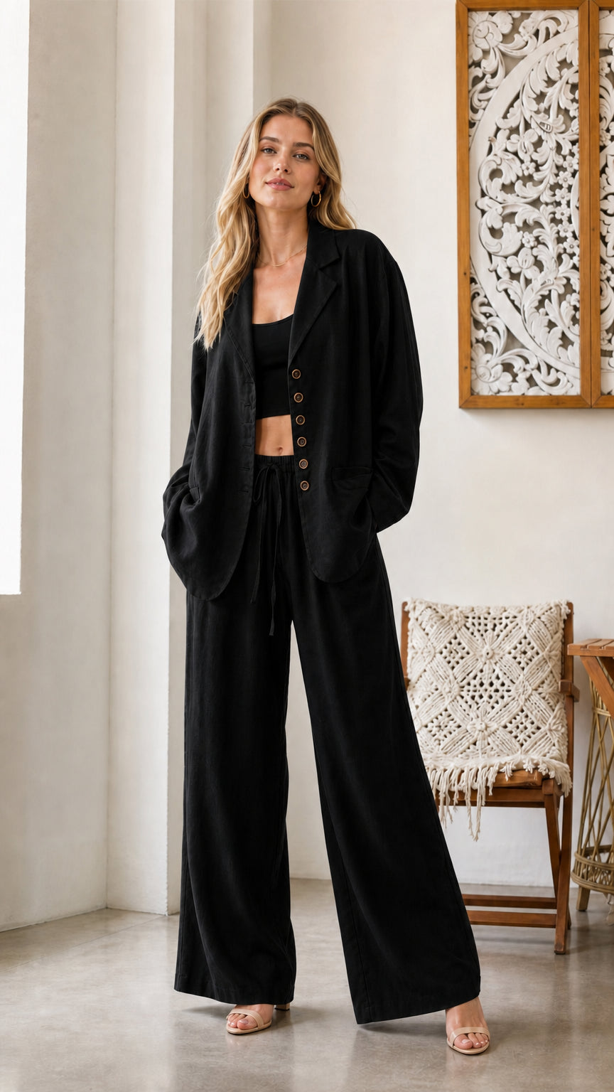 Model wearing black button-up blazer and wide-leg pants set
