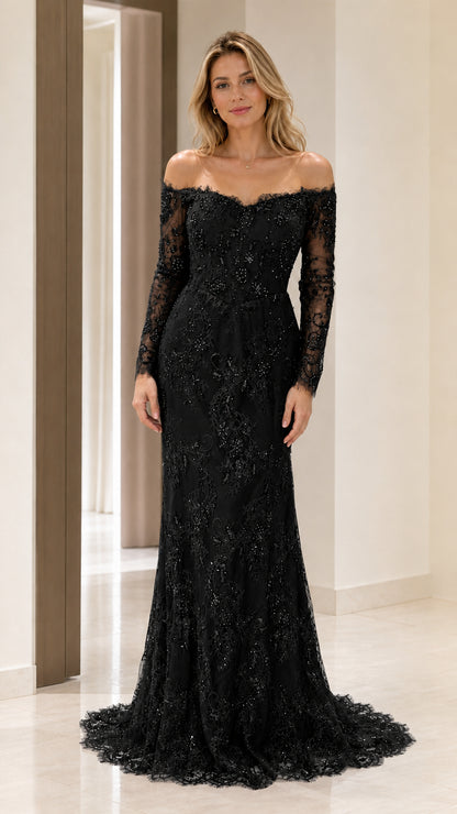 Front view of black evening gown
