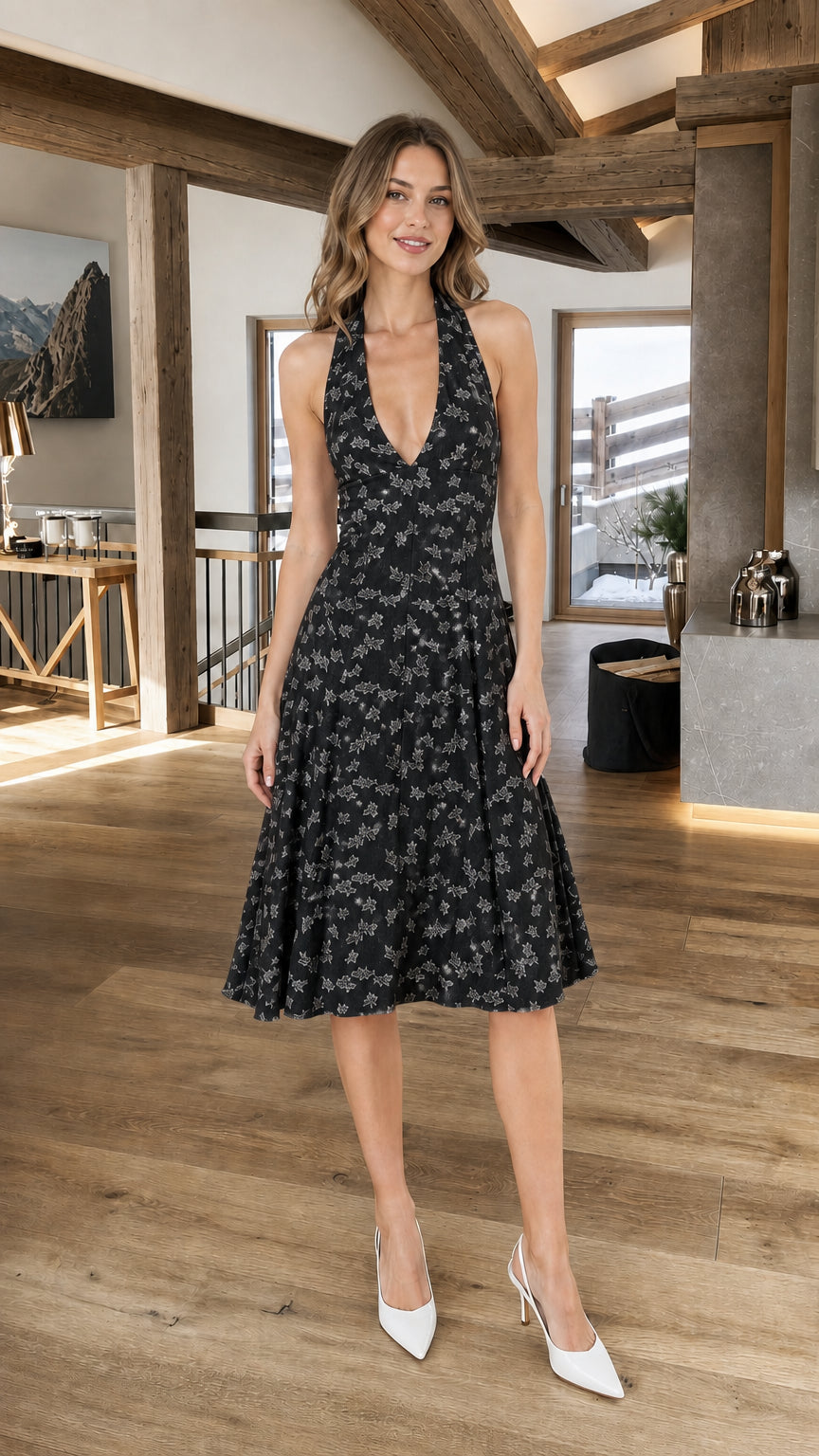 Front view of Black floral halter neck midi dress
