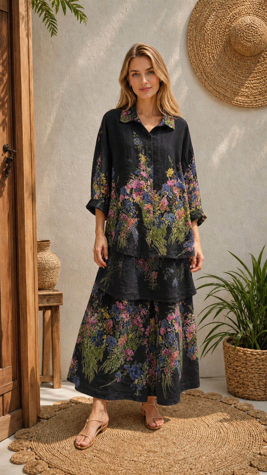Women's black floral button-front shirt and tiered maxi skirt set