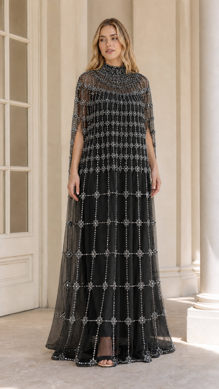Black crystal embellished high neck cape formal evening gown