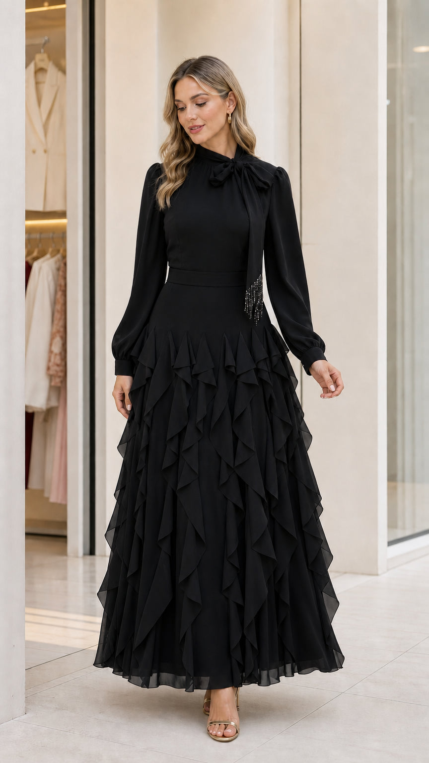 Front view of black long sleeve ruffled maxi dress