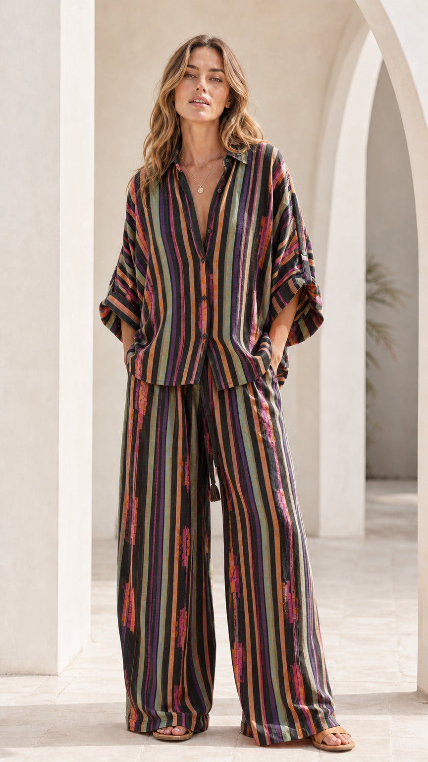 Model wearing black multi striped lounge set