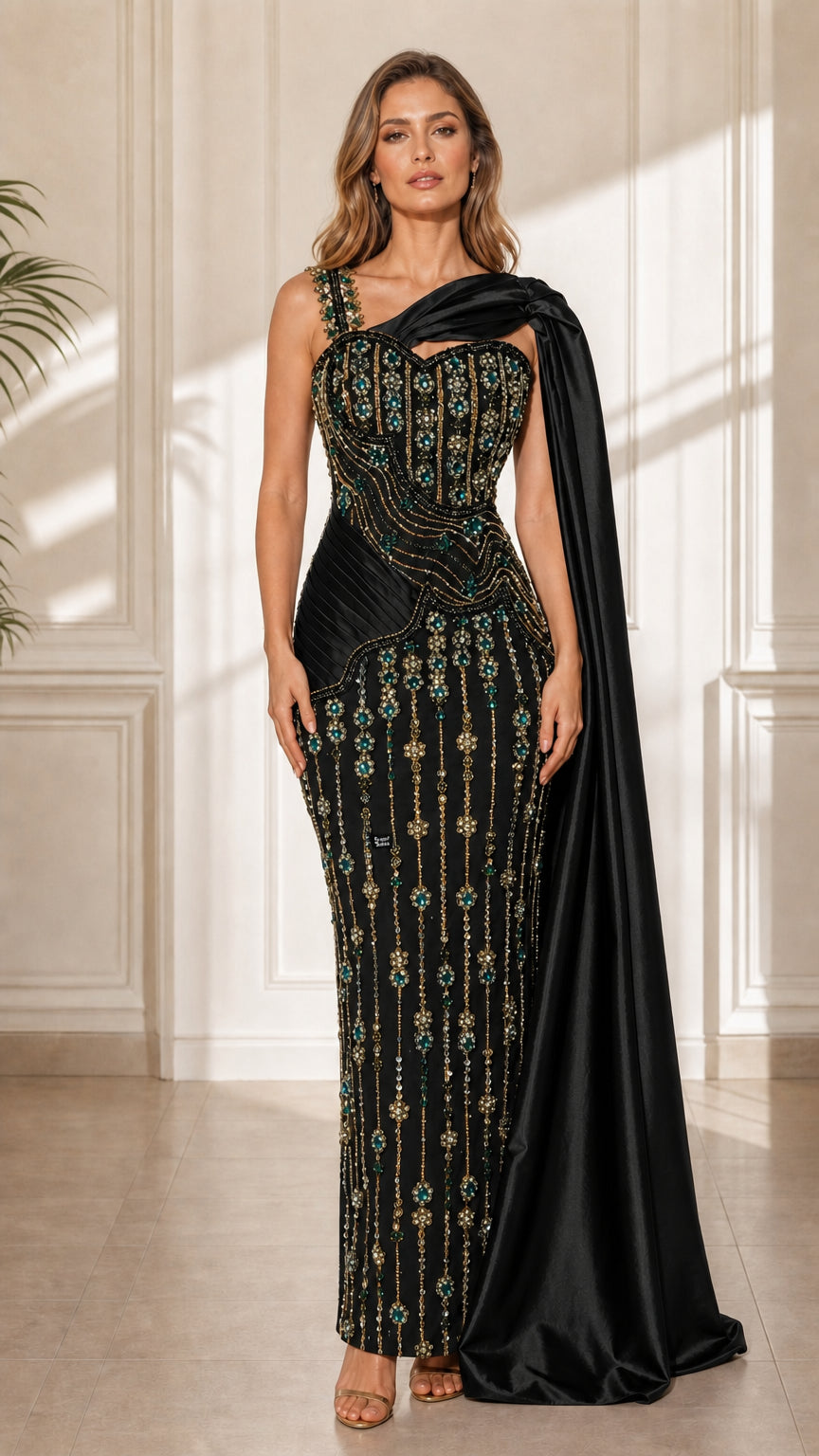 Front view of black color variant with matching satin cape