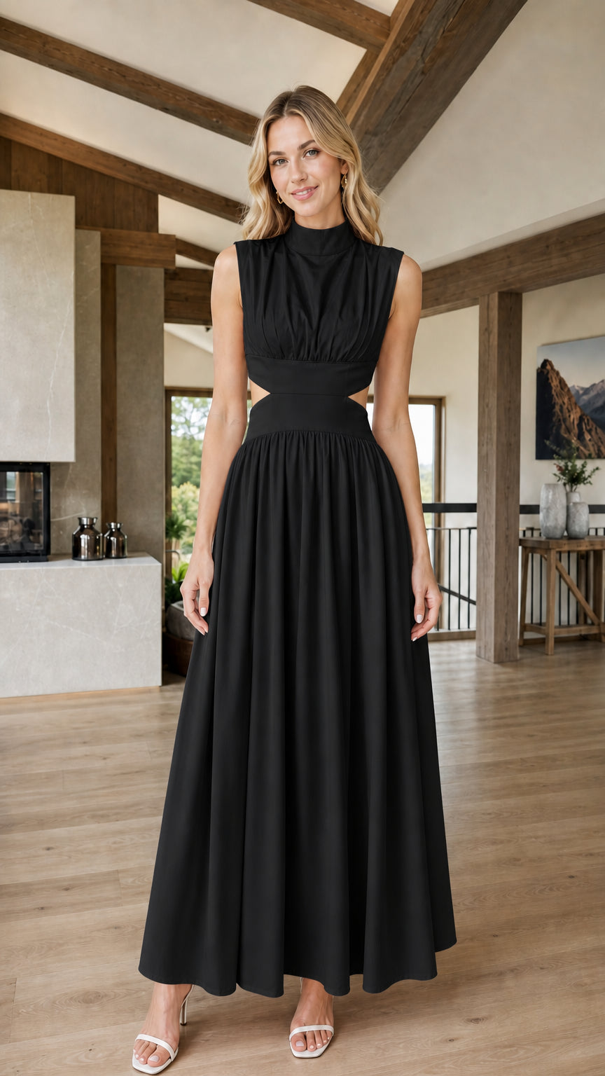 Front view of woman wearing black cutout maxi dress