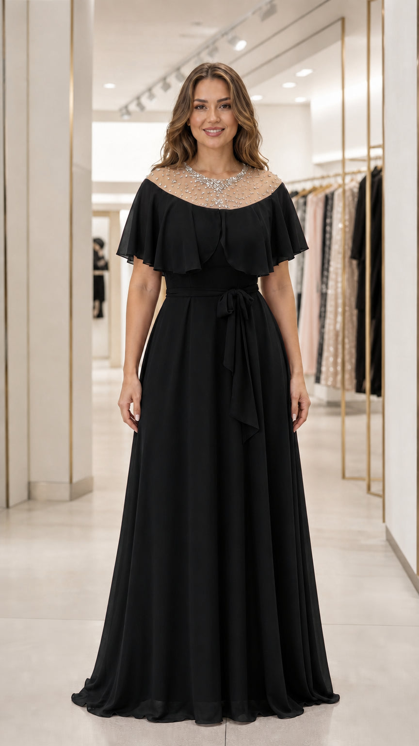 Front view of black evening dress