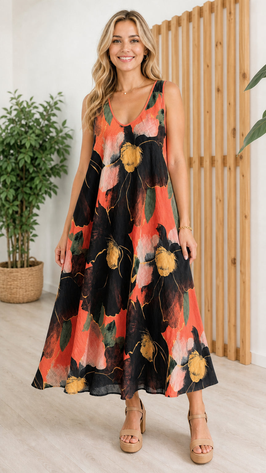 Woman wearing black variant of the floral maxi dress