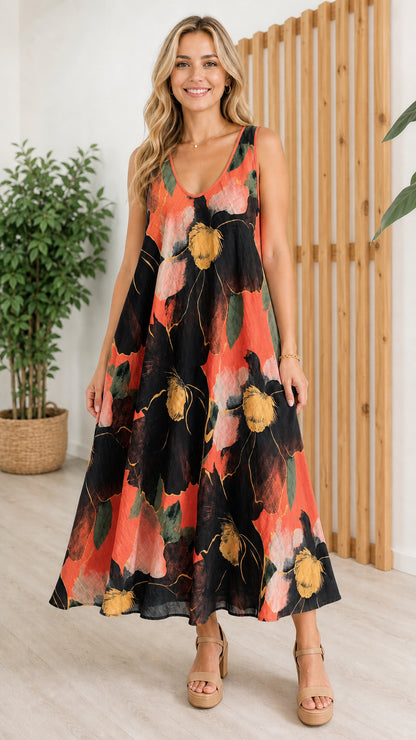 Woman wearing black variant of the floral maxi dress