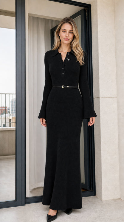 Model wearing black long sleeve collared knit maxi dress with belt