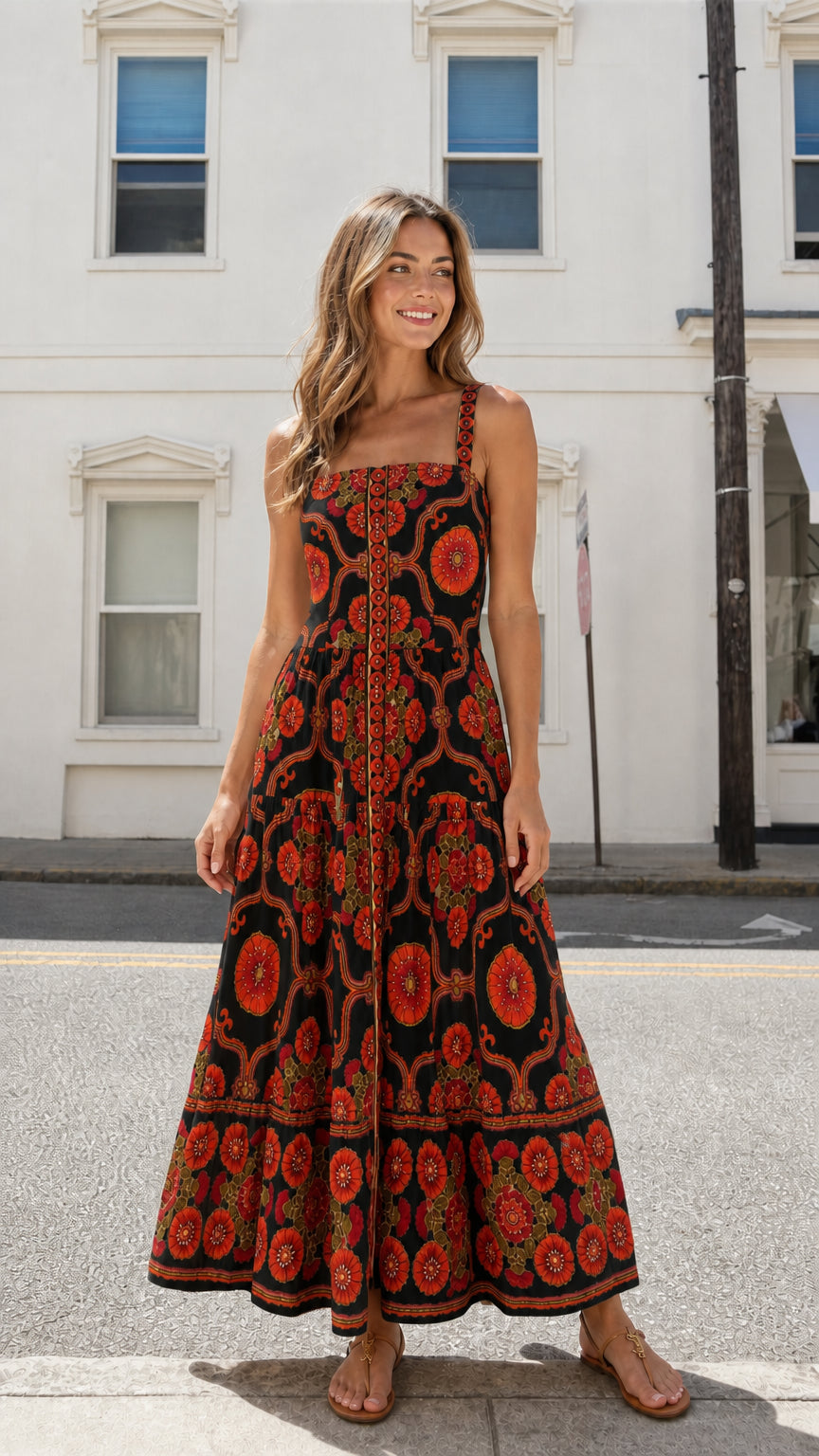 Model wearing black colorway of the floral tiered maxi dress
