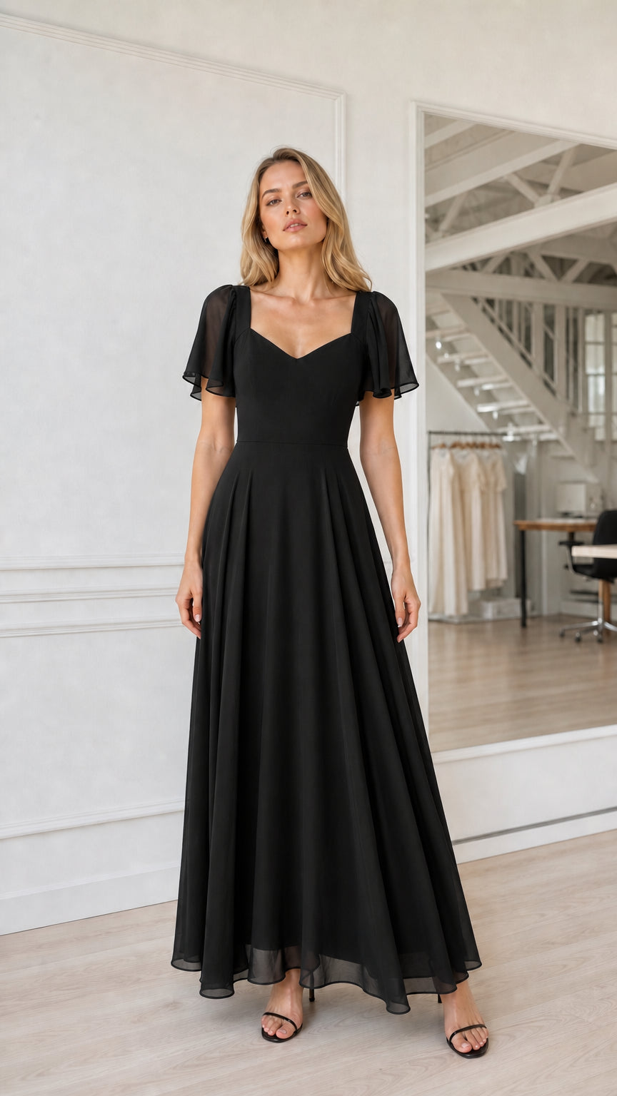 Full length view of black chiffon evening dress