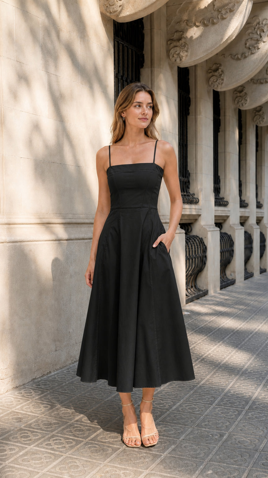Full view of woman wearing black midi dress with pockets