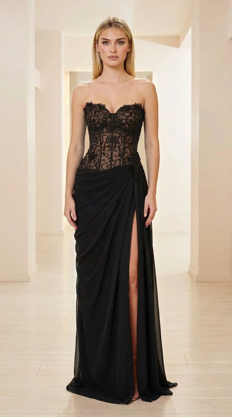 Front view of black strapless corset evening gown