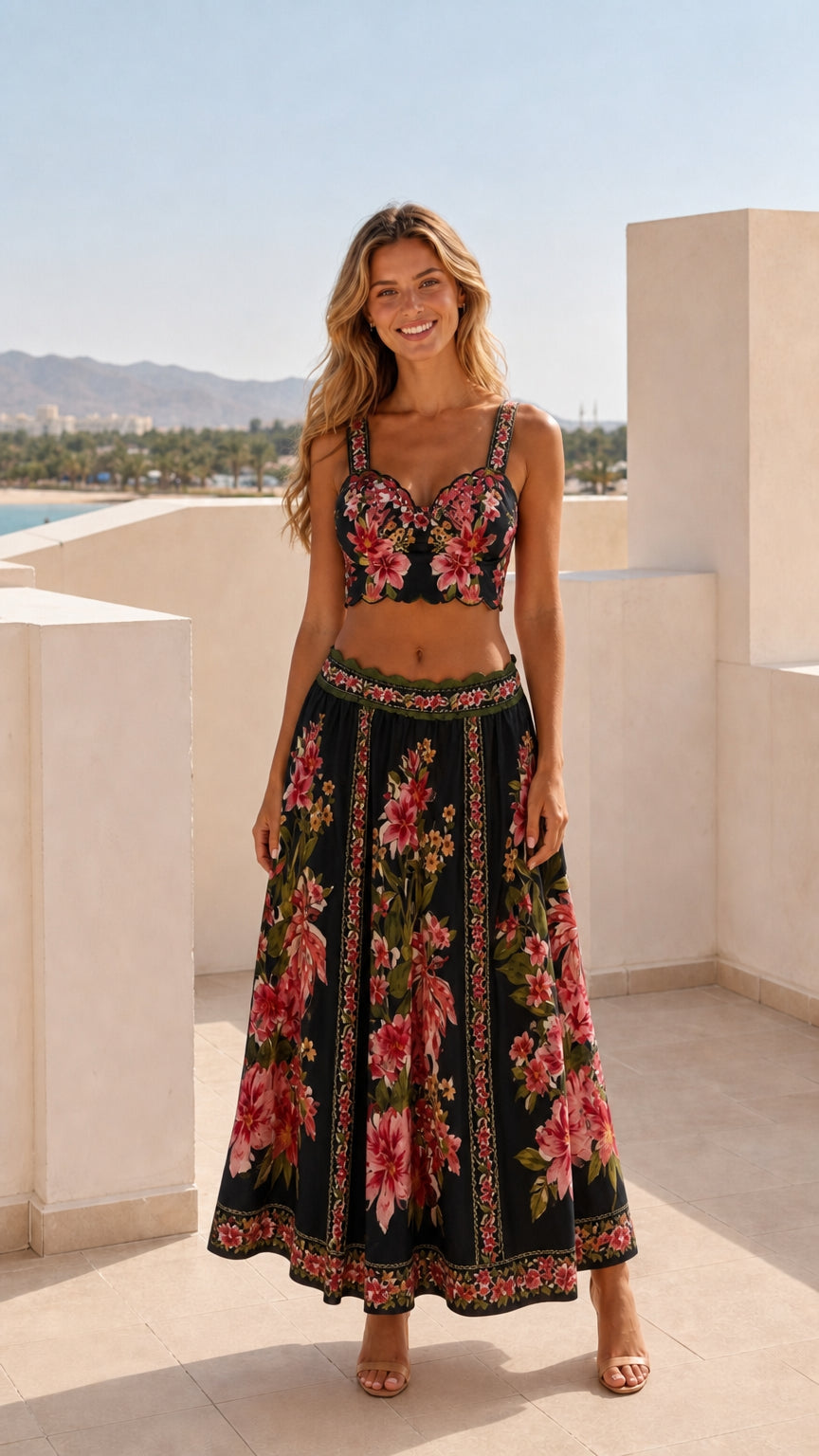 Model wearing black floral two-piece crop top and maxi skirt set