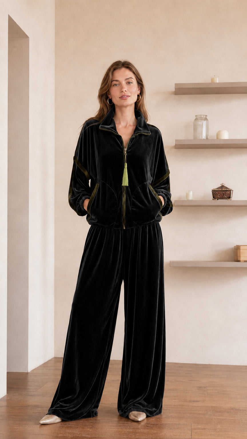 Model wearing black velvet tracksuit set