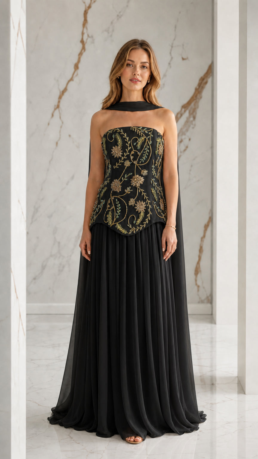 Black strapless embroidered corset gown with pleated chiffon maxi skirt