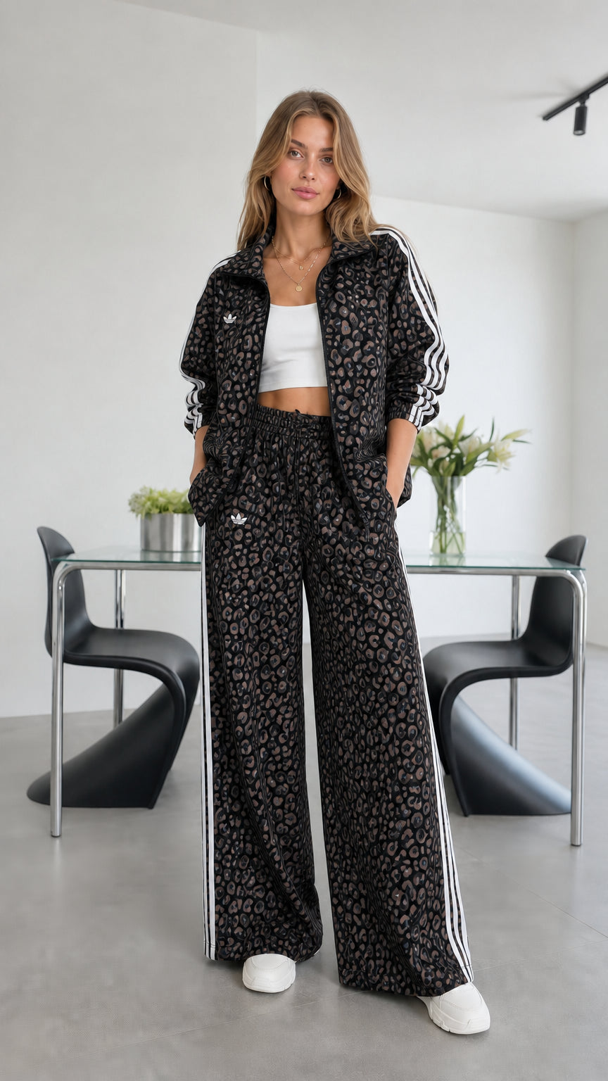 Model wearing black leopard print track set