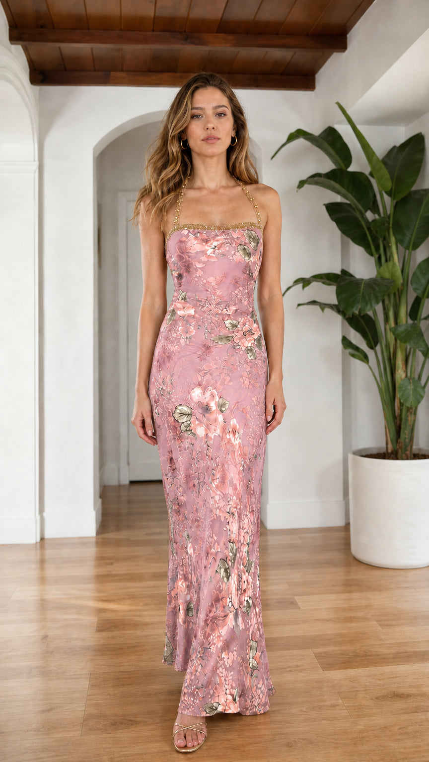 Front view of model in Pink floral maxi slip dress