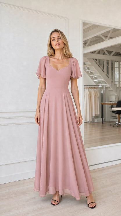 Full length view of dusty pink formal maxi dress