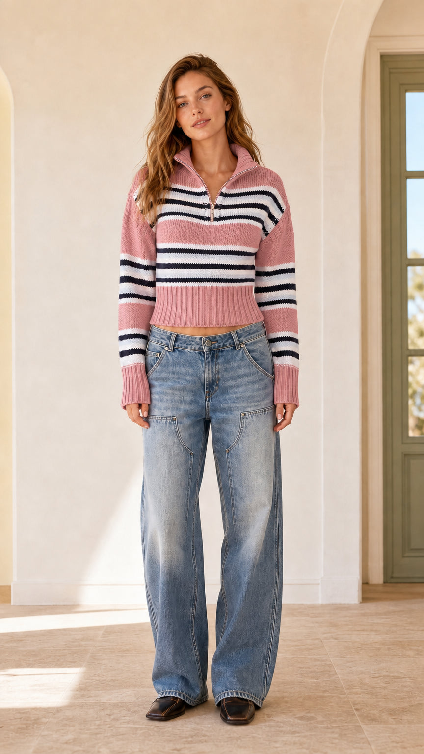 Full front view of dusty pink striped half-zip cropped pullover sweater