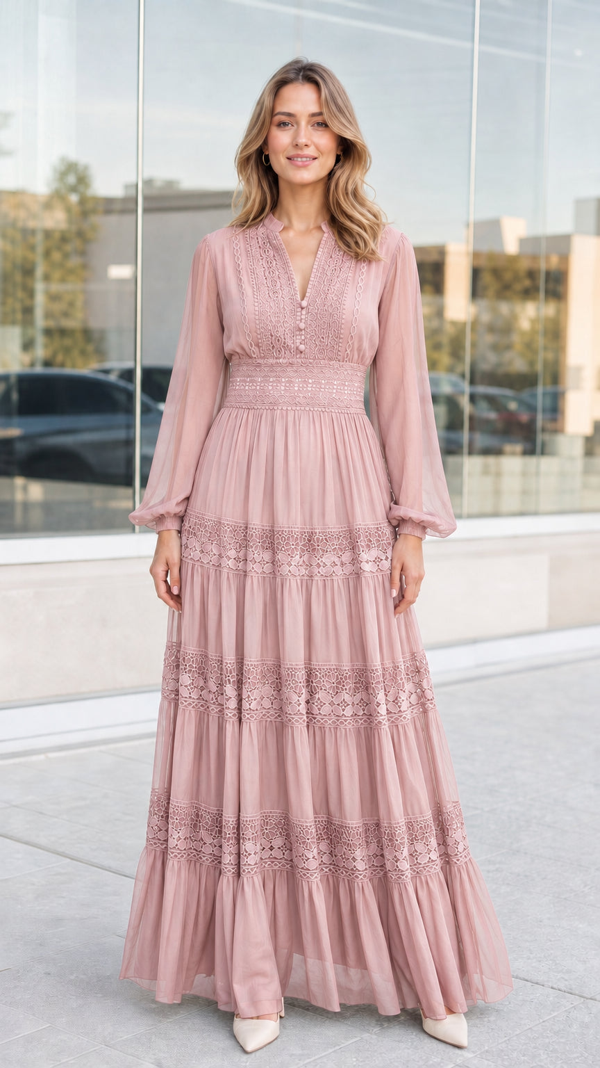 Front view of woman wearing dusty rose lace trim tiered maxi dress